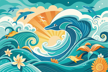 Wall Mural - A decorative illustration features dynamic waves, playful dolphins, and radiant sunrise colors creating a lively oceanic atmosphere.