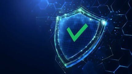 
Protection. Healthcare. Insurance. Cyber security. Network safety. Protection shield with green Check mark icon inside transparent sphere shield with hexagon pattern on blue background. Vector illust