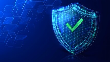 
Protection. Healthcare. Insurance. Cyber security. Network safety. Protection shield with green Check mark icon inside transparent sphere shield with hexagon pattern on blue background. Vector illust