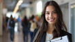 © SS Digital - Portrait of American female poll worker. Happy beautiful young brunette woman in suit standing at US ballot station, holding clipboard, looking at camera and smiling. Voting, electi