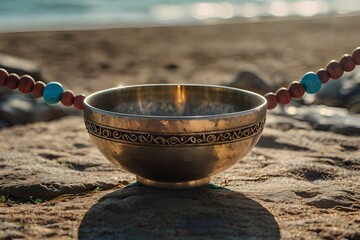 Tibetan bowl with mala beads on nature seaside background for meditation and mindfulness Generative AI