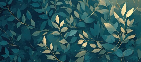 Canvas Print - Close up painting of green evergreen leaves set against a dark blue fantasy inspired decorative floral background pattern