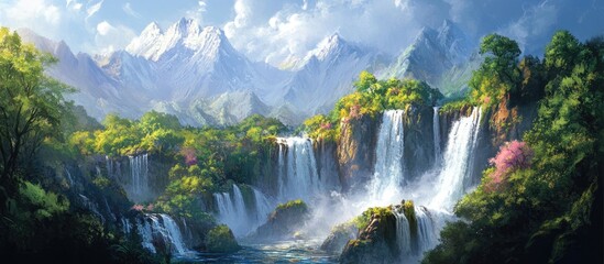 Painting of cascading waterfalls within a lush spring forest amid mountainous terrain