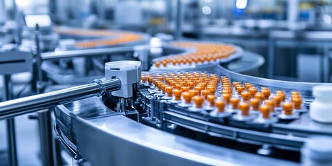 Poster - Pharmaceutical Production Line in a Factory, To showcase the modern and automated process of pharmaceutical production in a factory setting