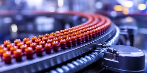 Poster - Pharmaceutical Production Line in a Factory, To showcase the modern and automated process of pharmaceutical production in a factory setting