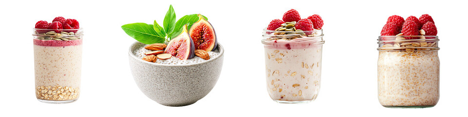 jars of overnight oats layered with fresh raspberries and sunflower seeds, paired with a chia puddin