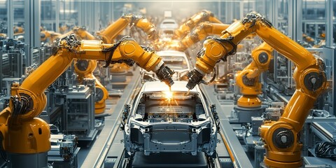 Poster - On modern automobile production high tech assembly line, robots assemble cars at auto industry factory 