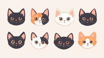 Wall Mural - Vector illustration of adorable cartoon cat head characters set against a plain background