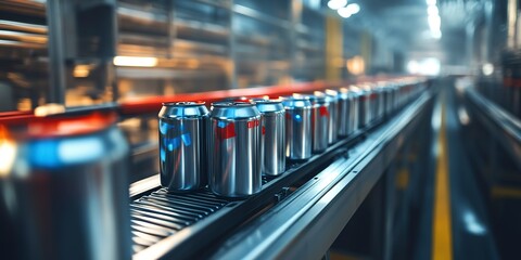 Canvas Print - New aluminum cans moving along the conveyor belt in a beverage manufacturing factory. Represents the food and beverage industrial business