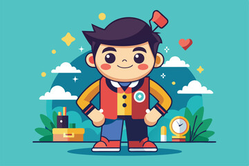 Poster - A cheerful cartoon character stands confidently in a colorful design community, surrounded by playful elements and vibrant scenery.