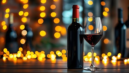 Elegant wine glass and bottle on table illuminated by enchanting bokeh lights