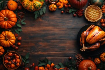 Abstract background turkey grill, pie, pumpkin, cornucopia , decorate on dark natural wood table, 