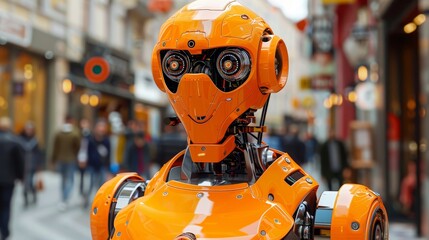 Orange Robot in Urban Environment. Artificial Intelligence, Technology and Innovation Concept.