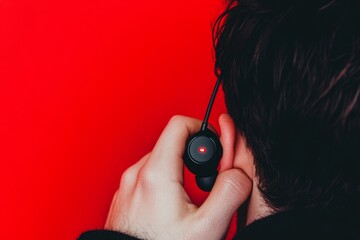 A person showcasing a designer pair of earbuds with a solid color backdrop, emphasizing their modern design and superior sound quality. 