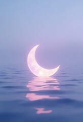 a serene, surreal scene of a glowing crescent moon emerging from a calm, reflective ocean