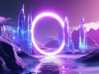Poster - Futuristic neon landscape featuring a time portal in a 3D illustration
