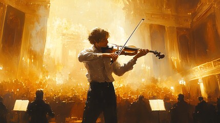 Violin soloist performing in a grand concert hall, elegant ambiance, classical music concert, watercolor style