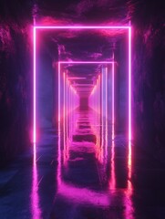 Poster - Fantasy 3D render featuring an abstract neon background with dynamic glowing lines in a dark space highlighted by reflective floor surfaces