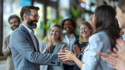 Wall Mural - Team of business people showing recognition and appreciation to a young colleague. Smiling male manager shaking hands with a happy woman while others are applauding. Work recognitio