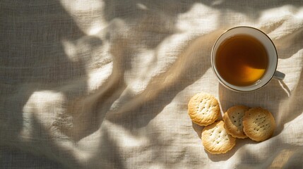 Poster - Top view of tea and cookies on a linen tablecloth.