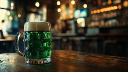 Wall Mural - Beer mug with green beer in cozy rustic cafe. Green beer background