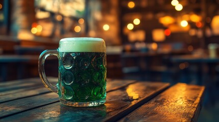 Wall Mural - Beer mug with green beer in cozy rustic cafe. Green beer background