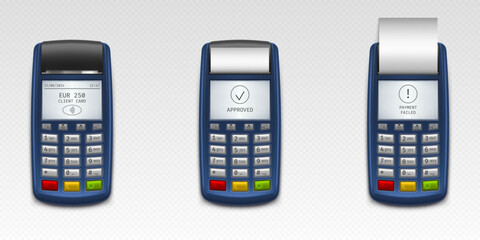 POS terminals set isolated on transparent background. Vector realistic illustration of payment terminal top view, buttons, text on display, paper receipt, banking device for cashless money transfer