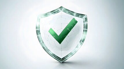 Protection. Healthcare. Insurance. Cyber security. Network safety. Protection shield with green Check mark icon inside transparent sphere shield with hexagon pattern on white background. Vector illust