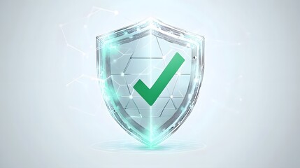 Protection. Healthcare. Insurance. Cyber security. Network safety. Protection shield with green Check mark icon inside transparent sphere shield with hexagon pattern on white background. Vector illust