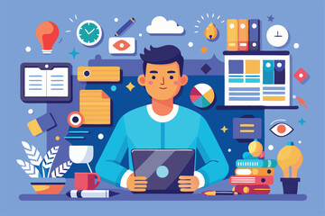 Poster - A designer works intently on a laptop surrounded by colorful tools, notes, and decor in a bright home office.