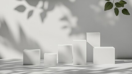 Aufkleber - Minimalistic nature inspired scene featuring six white rectangular podiums against a gray backdrop with tree leaf shadows ideal for cosmetic product and packaging presentations