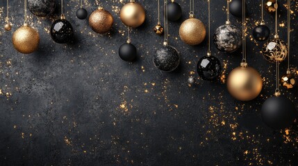 christmas holiday decoration banner template featuring a collection of hanging gold and black bauble