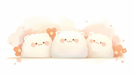 Three cute, fluffy white characters with rosy cheeks smile at the viewer in this whimsical illustration.