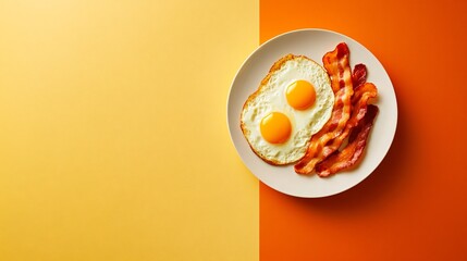 Two sunny-side-up eggs with crispy bacon on a white plate against a yellow and orange background.