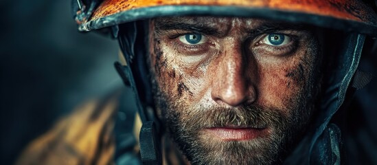 Intense Close-Up Portrait of a Firefighter with Dirty Face and Determined Eyes in Protective Gear