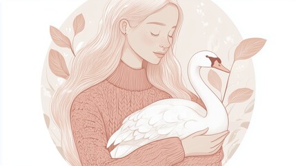 A woman cradles a white swan gently in her arms, surrounded by soft pastel leaves in a serene environment