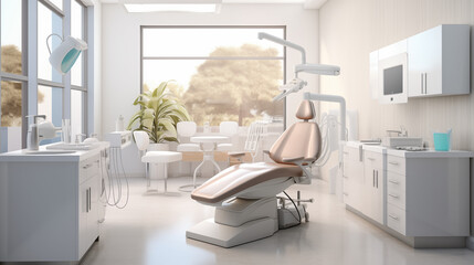 Standard dental examination room Complete with modern equipment, bright white lights.