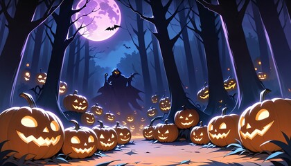 illustration of a Halloween night with moon and pumpkin background