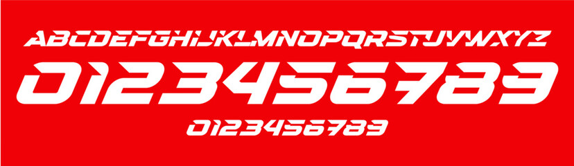 Aufkleber - Racing typography, angular italic numbers and letters, bold speed font for motorsport logos, energy sport branding, futuristic tech designs. Vector typeset