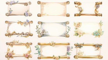 Twelve decorative scroll frames decorated with flowers and gold trim.