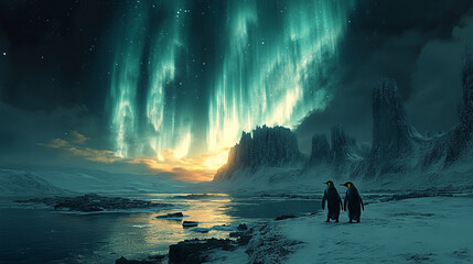 beautiful aurora borealis northern lights with mountain and snow background