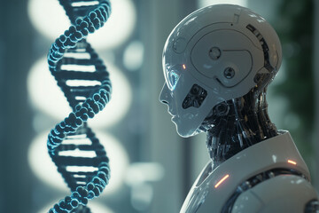 Aufkleber -  robot is working on a DNA strand. The robot is white and has a blue face. The robot is in a lab setting