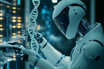 Aufkleber -  robot is working on a DNA strand. The robot is white and has a blue face. The robot is in a lab setting