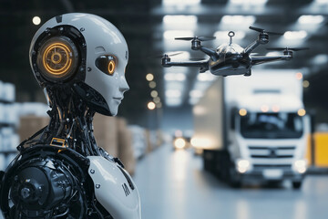 Poster - robot is holding a tablet and a drone is flying above it. The robot is in a warehouse and the drone is hovering above it