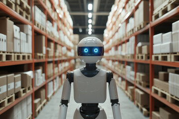 Poster - robot is walking through a warehouse with a lot of boxes. The robot is white and has blue eyes