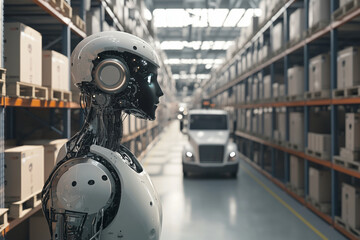 Poster -  robot is standing in a warehouse with a truck in the background. The robot is white and has a face. The warehouse is filled with boxes and shelves