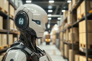 Aufkleber -  robot is standing in a warehouse with boxes around it. The robot has a white body and blue eyes