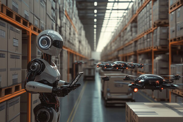 Aufkleber - robot is holding a tablet and a drone is flying above it. The robot is in a warehouse and the drone is hovering above it