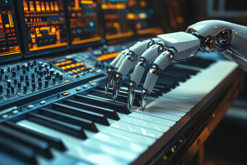 Poster -  robot is playing a keyboard with its hands. The robot is white and has a metallic appearance. The keyboard is black and has many keys