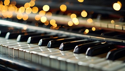 Elegant close-up of piano keys illuminated by soft bokeh lights